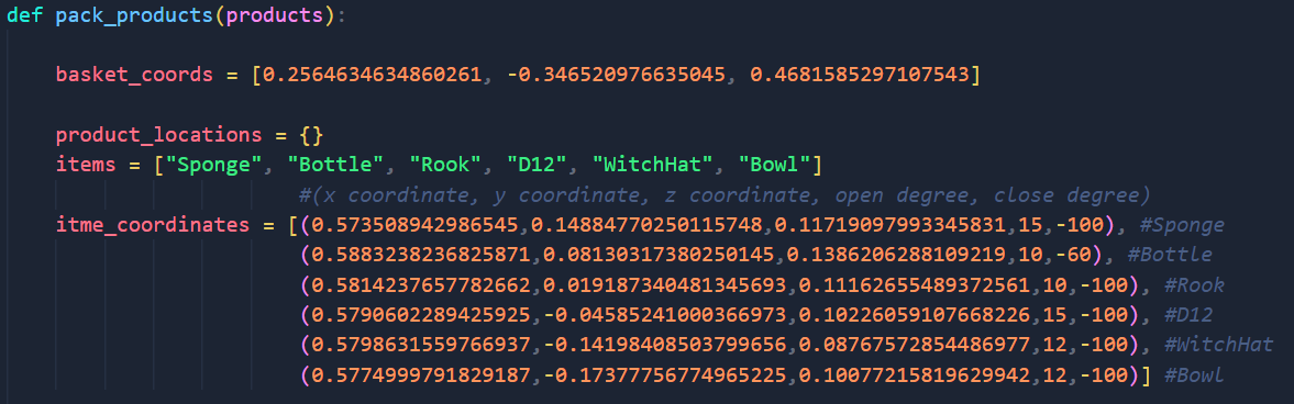 Python code for the pack_products function, showing per-object coordinate dictionaries